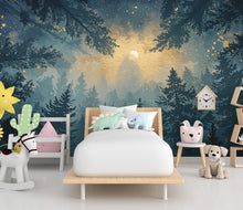 Load image into Gallery viewer, Watercolor Forest Wall Mural – Night Sky Wallpaper with Moon, Stars &amp; Trees – Dreamy Indigo Woodland Wall Art for Bedroom or Nursery 807RS