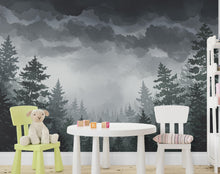 Load image into Gallery viewer, Stormy Forest Wall Mural – Watercolor Tree Canopy &amp; Lightning Sky Wallpaper – Moody Nature Wall Art for Bedroom or Nursery Decor 808RS