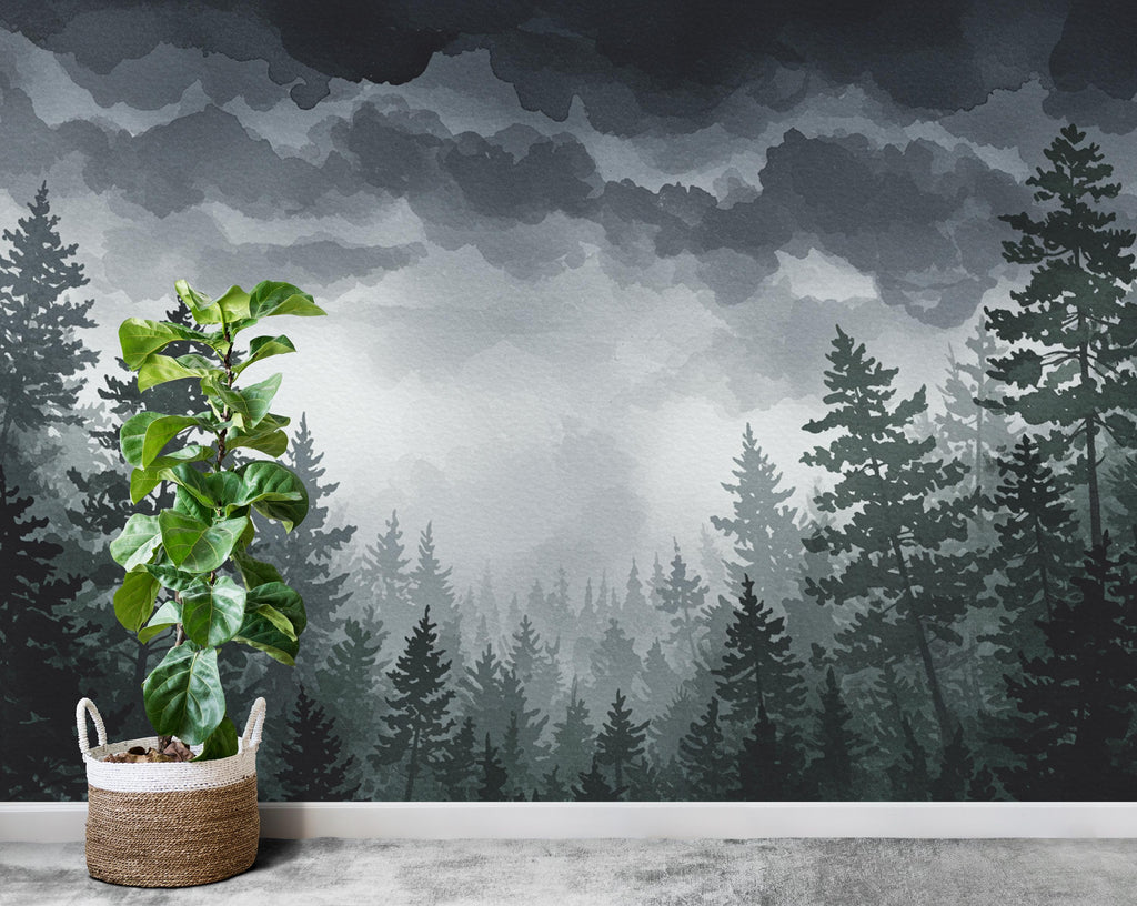 Stormy Forest Wall Mural – Watercolor Tree Canopy & Lightning Sky Wallpaper – Moody Nature Wall Art for Bedroom or Nursery Decor 808RS