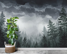 Load image into Gallery viewer, Stormy Forest Wall Mural – Watercolor Tree Canopy &amp; Lightning Sky Wallpaper – Moody Nature Wall Art for Bedroom or Nursery Decor 808RS
