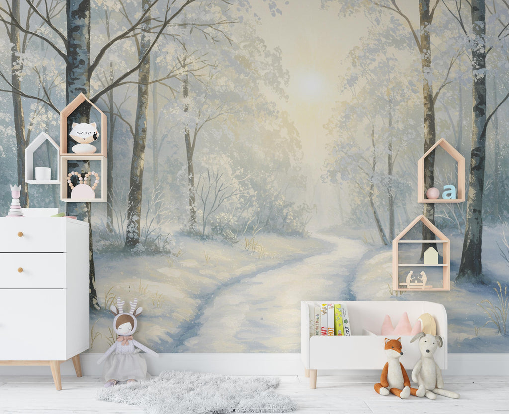 Winter Forest Wall Mural – Watercolor Snowy Woodland Path Wallpaper with Golden Light – Elegant Nursery or Luxury Home Wall Art 809RS