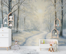 Load image into Gallery viewer, Winter Forest Wall Mural – Watercolor Snowy Woodland Path Wallpaper with Golden Light – Elegant Nursery or Luxury Home Wall Art 809RS