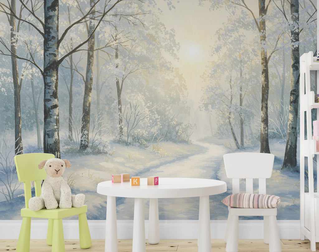 Winter Forest Wall Mural – Watercolor Snowy Woodland Path Wallpaper with Golden Light – Elegant Nursery or Luxury Home Wall Art 809RS