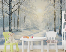 Load image into Gallery viewer, Winter Forest Wall Mural – Watercolor Snowy Woodland Path Wallpaper with Golden Light – Elegant Nursery or Luxury Home Wall Art 809RS