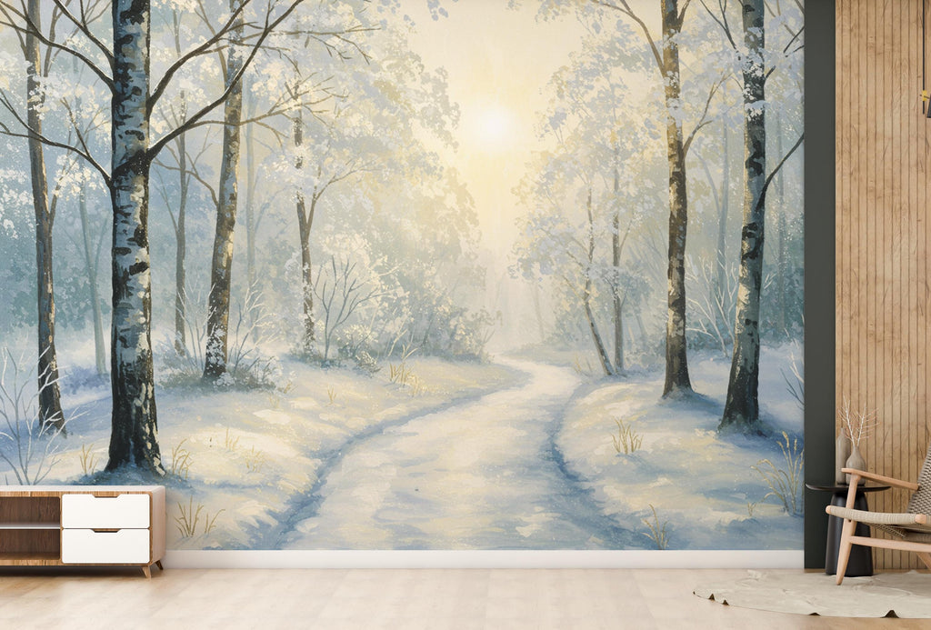 Winter Forest Wall Mural – Watercolor Snowy Woodland Path Wallpaper with Golden Light – Elegant Nursery or Luxury Home Wall Art 809RS