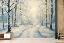 Load image into Gallery viewer, Winter Forest Wall Mural – Watercolor Snowy Woodland Path Wallpaper with Golden Light – Elegant Nursery or Luxury Home Wall Art 809RS