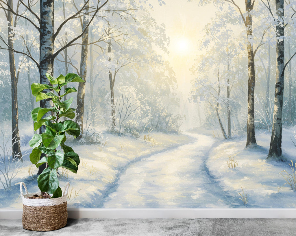 Winter Forest Wall Mural – Watercolor Snowy Woodland Path Wallpaper with Golden Light – Elegant Nursery or Luxury Home Wall Art 809RS