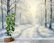 Load image into Gallery viewer, Winter Forest Wall Mural – Watercolor Snowy Woodland Path Wallpaper with Golden Light – Elegant Nursery or Luxury Home Wall Art 809RS