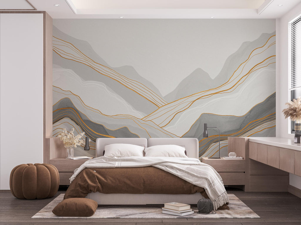 Abstract Marble Mountain Wallpaper with Gold Veins | White Grey Marble Peaks Peel and Stick Wall Mural | Subtle Luxury Wall Decor 786RS