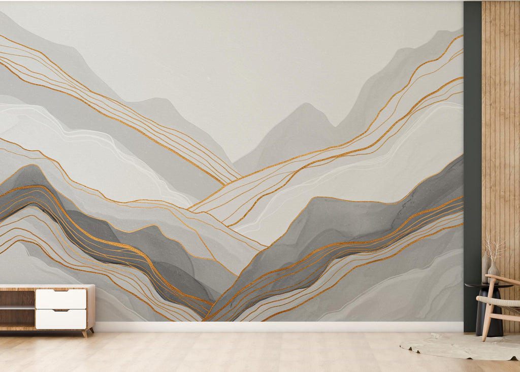 Abstract Marble Mountain Wallpaper with Gold Veins | White Grey Marble Peaks Peel and Stick Wall Mural | Subtle Luxury Wall Decor 786RS
