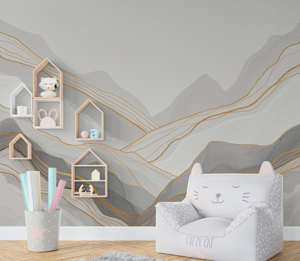 Abstract Marble Mountain Wallpaper with Gold Veins | White Grey Marble Peaks Peel and Stick Wall Mural | Subtle Luxury Wall Decor 786RS