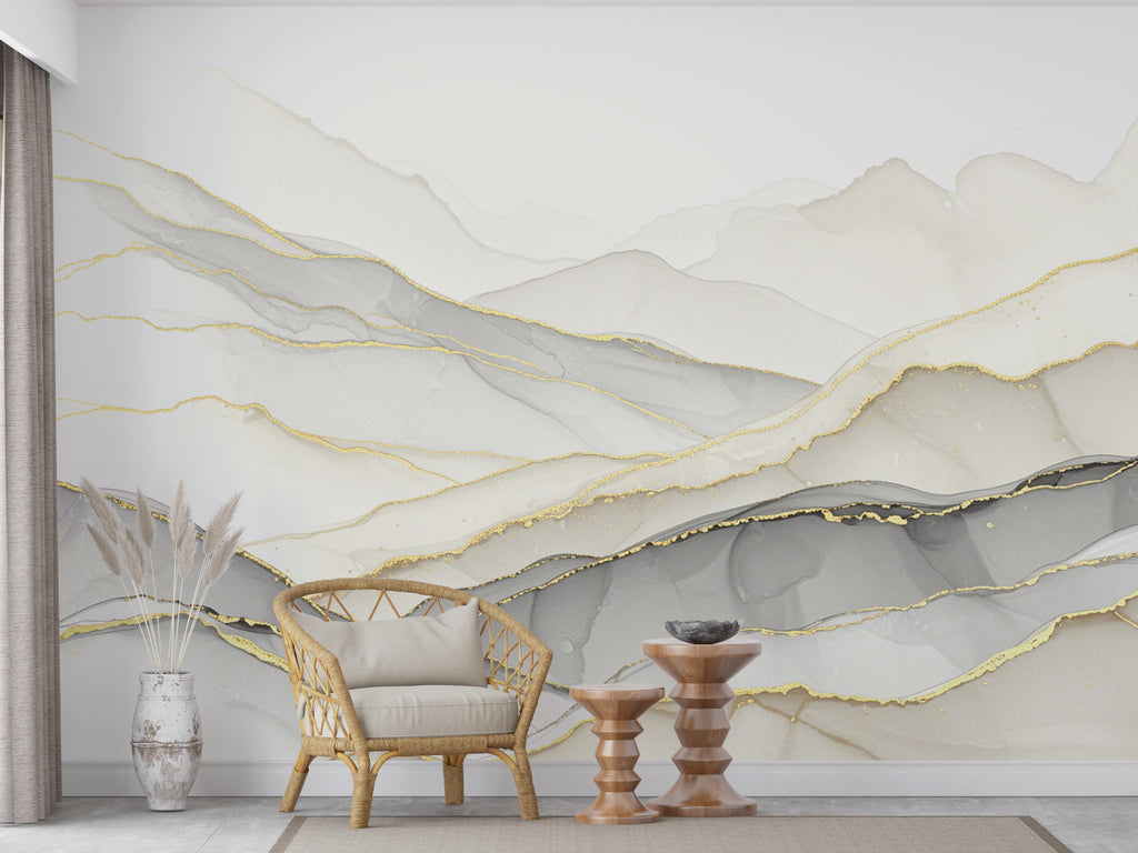 Abstract Marble Mountain Wallpaper with Gold Veins | White Grey Marble Peaks Peel and Stick Wall Mural | Subtle Luxury Wall Decor 787RS