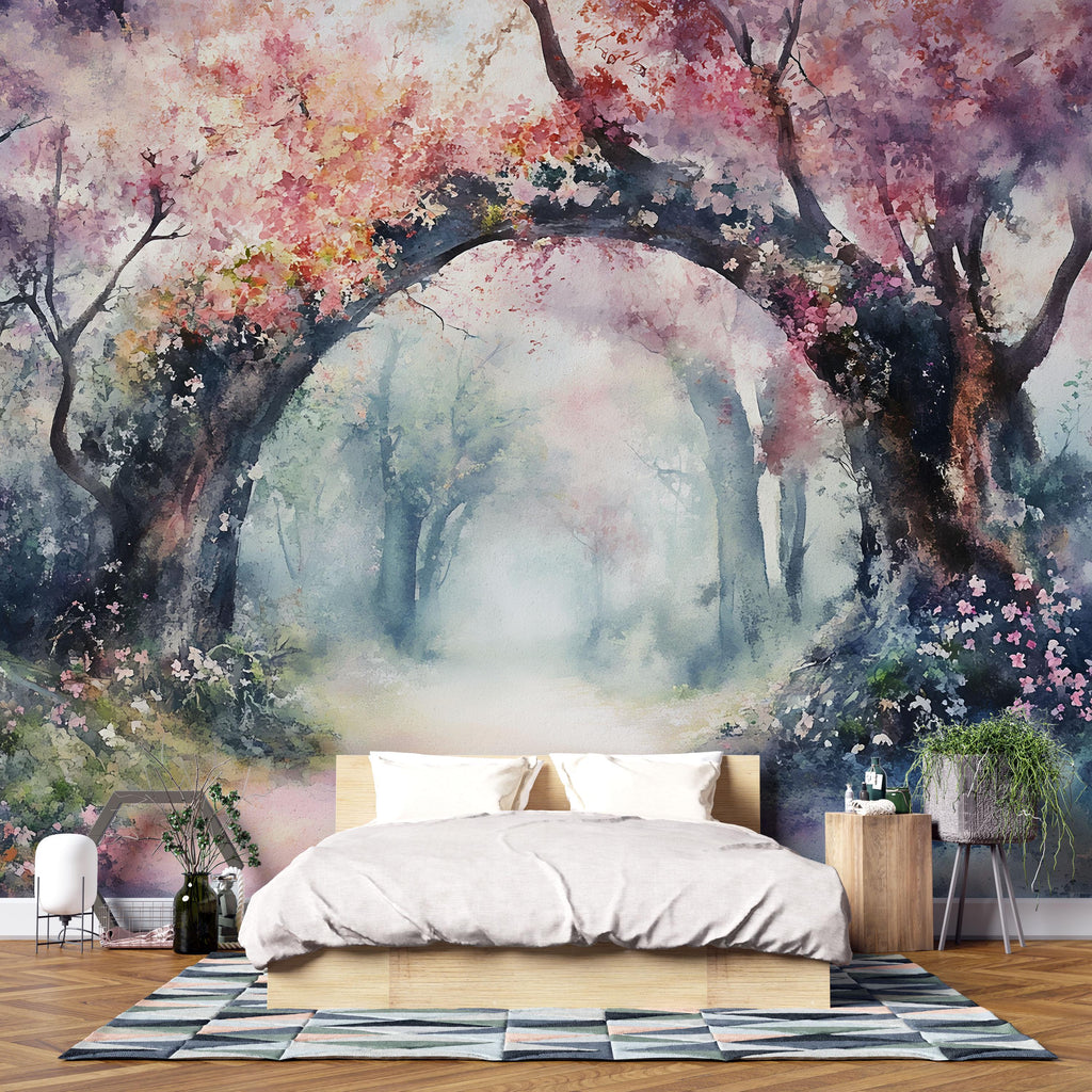 Watercolor Cherry Blossom Arch Wallpaper – Romantic Spring Forest Mural in Soft Pink & Pastel Tones – Peel and Stick or Paste Wallpaper