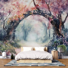 Load image into Gallery viewer, Watercolor Cherry Blossom Arch Wallpaper – Romantic Spring Forest Mural in Soft Pink &amp; Pastel Tones – Peel and Stick or Paste Wallpaper