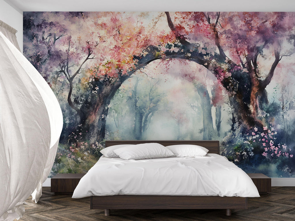 Watercolor Cherry Blossom Arch Wallpaper – Romantic Spring Forest Mural in Soft Pink & Pastel Tones – Peel and Stick or Paste Wallpaper