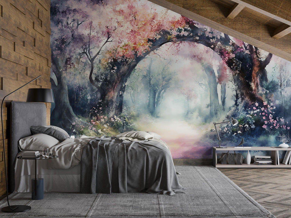 Watercolor Cherry Blossom Arch Wallpaper – Romantic Spring Forest Mural in Soft Pink & Pastel Tones – Peel and Stick or Paste Wallpaper