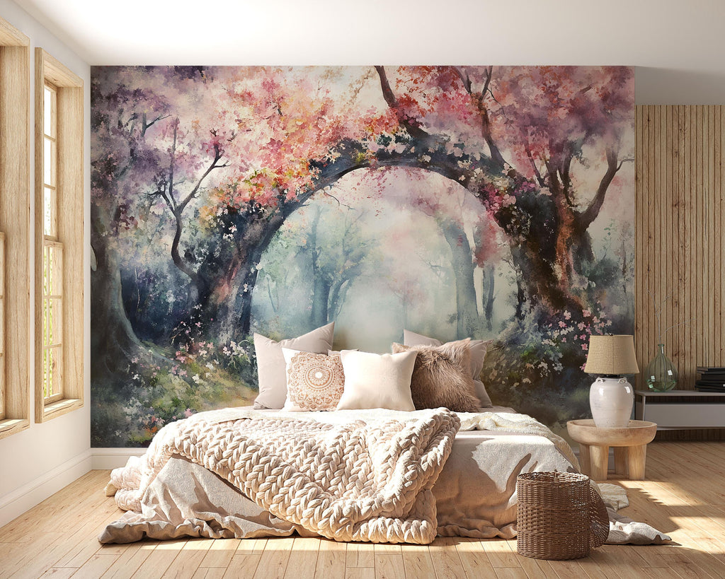 Watercolor Cherry Blossom Arch Wallpaper – Romantic Spring Forest Mural in Soft Pink & Pastel Tones – Peel and Stick or Paste Wallpaper