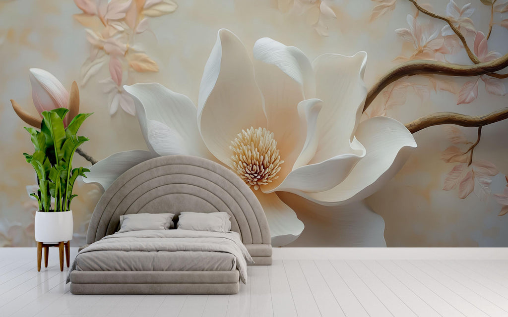 Elegant Magnolia Flower 3D Wallpaper – Large Floral Mural in Soft Neutral Tones – Modern Bedroom Wall Decor – Peel and Stick or Paste