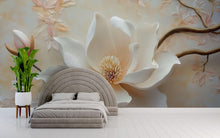 Load image into Gallery viewer, Elegant Magnolia Flower 3D Wallpaper – Large Floral Mural in Soft Neutral Tones – Modern Bedroom Wall Decor – Peel and Stick or Paste