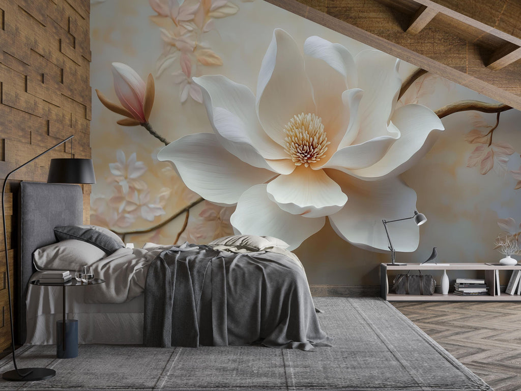 Elegant Magnolia Flower 3D Wallpaper – Large Floral Mural in Soft Neutral Tones – Modern Bedroom Wall Decor – Peel and Stick or Paste