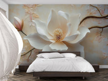 Load image into Gallery viewer, Elegant Magnolia Flower 3D Wallpaper – Large Floral Mural in Soft Neutral Tones – Modern Bedroom Wall Decor – Peel and Stick or Paste