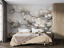 Load image into Gallery viewer, Modern Magnolia Branch 3D Wallpaper – Neutral Floral Wall Mural for Bedroom or Living Room – Stylish Oversized Flower Wall Decor