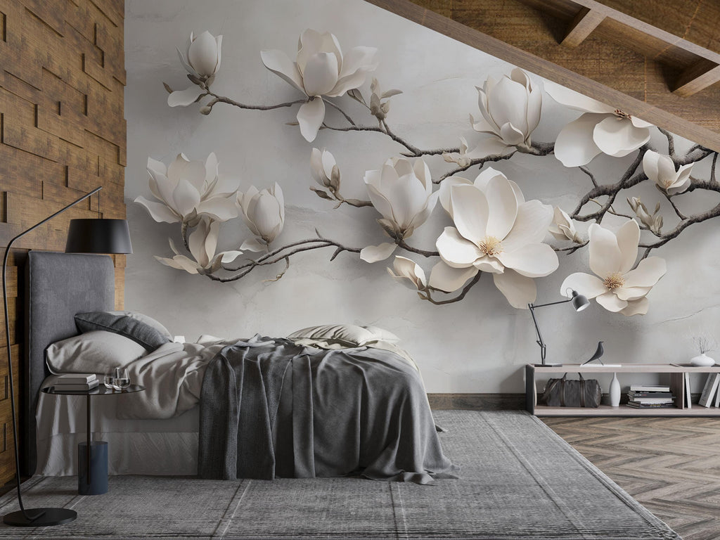 Modern Magnolia Branch 3D Wallpaper – Neutral Floral Wall Mural for Bedroom or Living Room – Stylish Oversized Flower Wall Decor