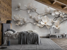 Load image into Gallery viewer, Modern Magnolia Branch 3D Wallpaper – Neutral Floral Wall Mural for Bedroom or Living Room – Stylish Oversized Flower Wall Decor