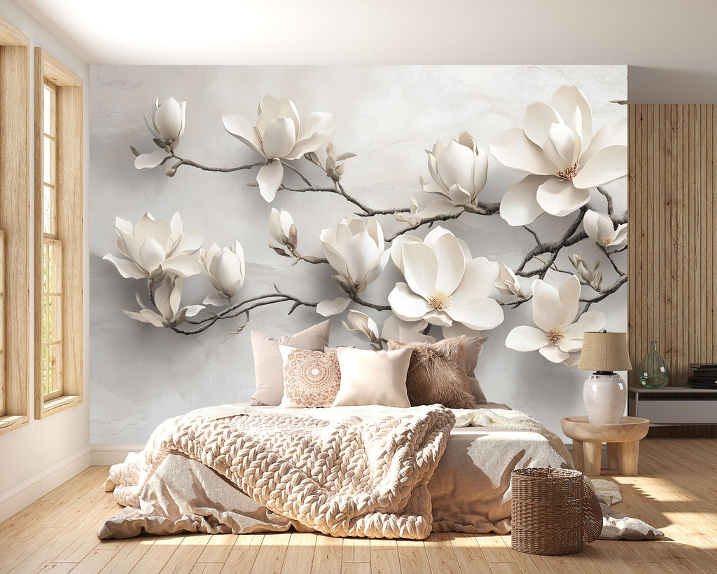 Modern Magnolia Branch 3D Wallpaper – Neutral Floral Wall Mural for Bedroom or Living Room – Stylish Oversized Flower Wall Decor