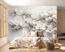 Load image into Gallery viewer, Modern Magnolia Branch 3D Wallpaper – Neutral Floral Wall Mural for Bedroom or Living Room – Stylish Oversized Flower Wall Decor