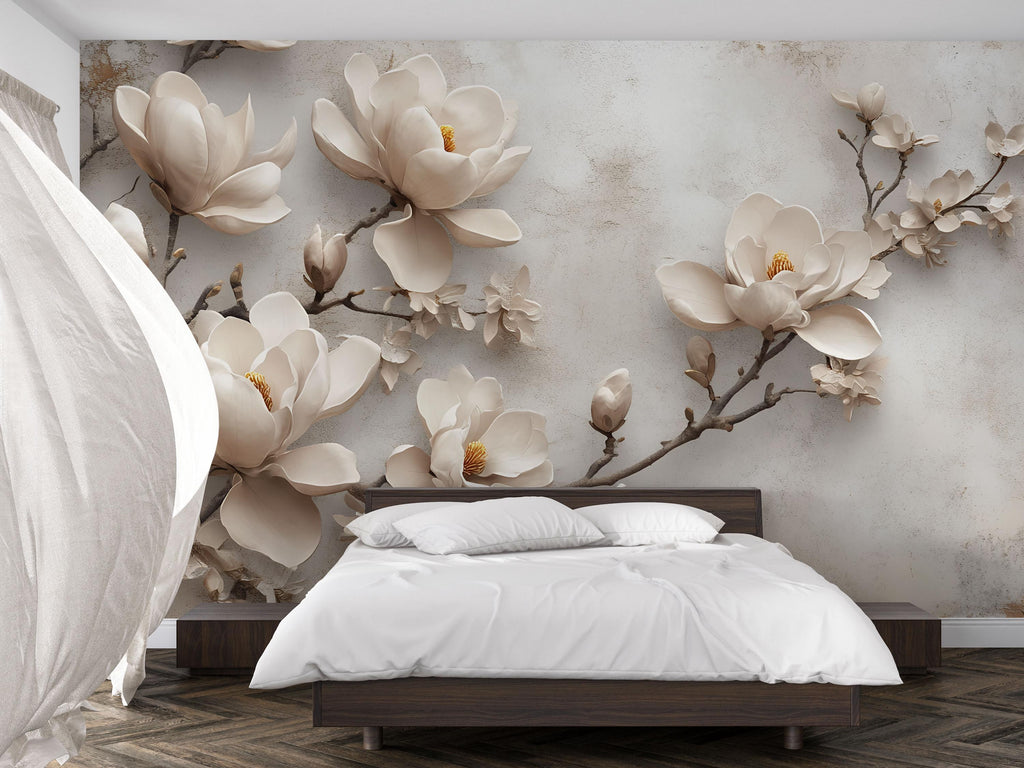 3D Magnolia Flower Wallpaper, Elegant Floral Mural for Bedroom or Living Room, Neutral Large Wall Art, Modern Peel and Stick Stylish Wall