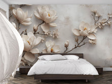 Load image into Gallery viewer, 3D Magnolia Flower Wallpaper, Elegant Floral Mural for Bedroom or Living Room, Neutral Large Wall Art, Modern Peel and Stick Stylish Wall