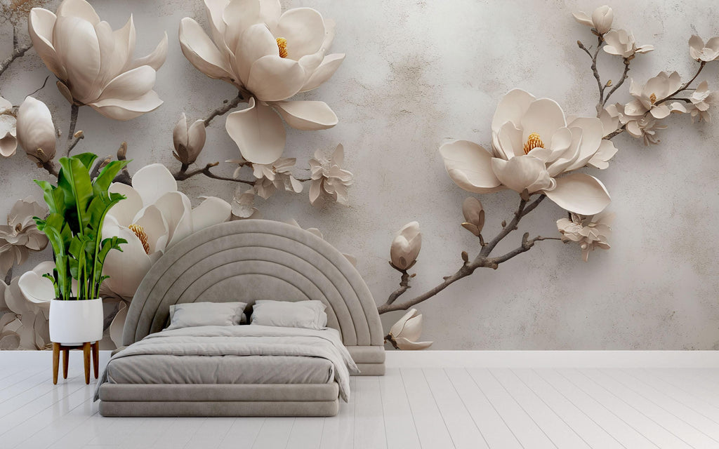 3D Magnolia Flower Wallpaper, Elegant Floral Mural for Bedroom or Living Room, Neutral Large Wall Art, Modern Peel and Stick Stylish Wall