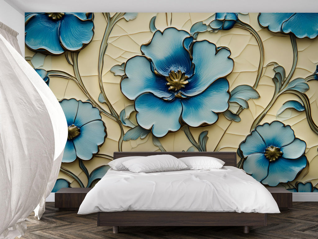 3D Blue Floral Wallpaper, Bold Flower Wall Mural for Living Room or Office, Textured Botanical Modern Wall Art, Stylish Peel and Stick Wall