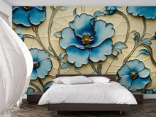 Load image into Gallery viewer, 3D Blue Floral Wallpaper, Bold Flower Wall Mural for Living Room or Office, Textured Botanical Modern Wall Art, Stylish Peel and Stick Wall