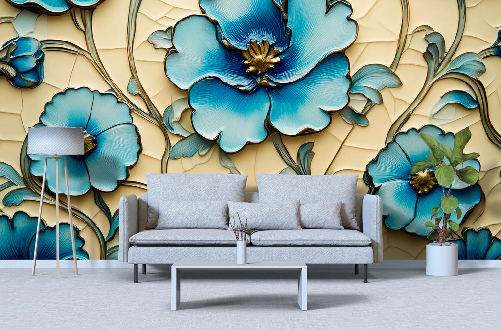 3D Blue Floral Wallpaper, Bold Flower Wall Mural for Living Room or Office, Textured Botanical Modern Wall Art, Stylish Peel and Stick Wall