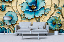 Load image into Gallery viewer, 3D Blue Floral Wallpaper, Bold Flower Wall Mural for Living Room or Office, Textured Botanical Modern Wall Art, Stylish Peel and Stick Wall