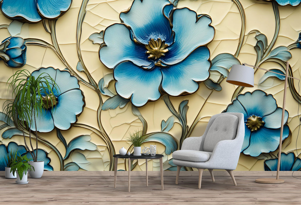 3D Blue Floral Wallpaper, Bold Flower Wall Mural for Living Room or Office, Textured Botanical Modern Wall Art, Stylish Peel and Stick Wall