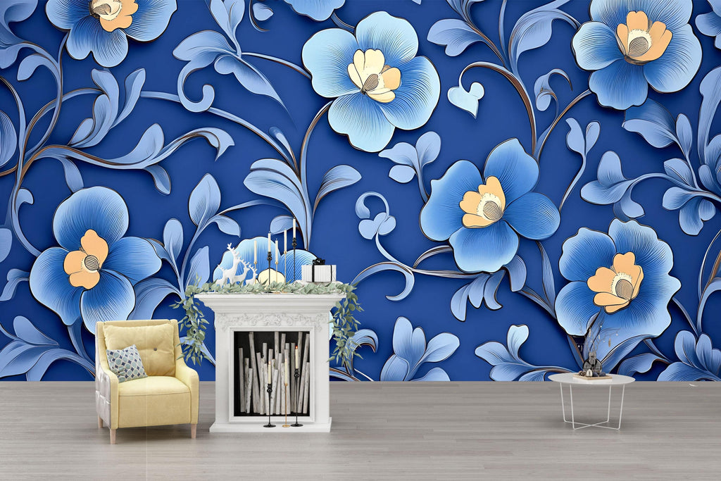 Royal Blue 3D Floral Wallpaper, Bold Textured Flower Wall Mural for Living Room or Office, Modern Stylish Wall Decor, Elegant Gift Idea