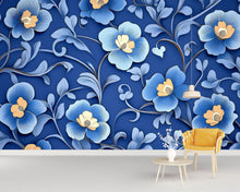 Load image into Gallery viewer, Royal Blue 3D Floral Wallpaper, Bold Textured Flower Wall Mural for Living Room or Office, Modern Stylish Wall Decor, Elegant Gift Idea