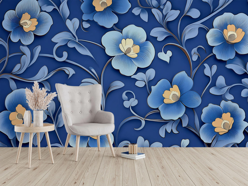 Royal Blue 3D Floral Wallpaper, Bold Textured Flower Wall Mural for Living Room or Office, Modern Stylish Wall Decor, Elegant Gift Idea