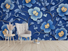 Load image into Gallery viewer, Royal Blue 3D Floral Wallpaper, Bold Textured Flower Wall Mural for Living Room or Office, Modern Stylish Wall Decor, Elegant Gift Idea