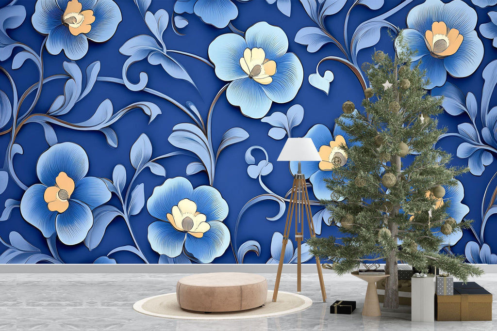 Royal Blue 3D Floral Wallpaper, Bold Textured Flower Wall Mural for Living Room or Office, Modern Stylish Wall Decor, Elegant Gift Idea