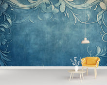 Load image into Gallery viewer, Blue Vintage Floral 3D Wallpaper, Embossed Minimalist Wall Mural with Elegant Scroll Design, Modern Stylish Wall Decor for Living Room