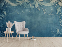 Load image into Gallery viewer, Blue Vintage Floral 3D Wallpaper, Embossed Minimalist Wall Mural with Elegant Scroll Design, Modern Stylish Wall Decor for Living Room