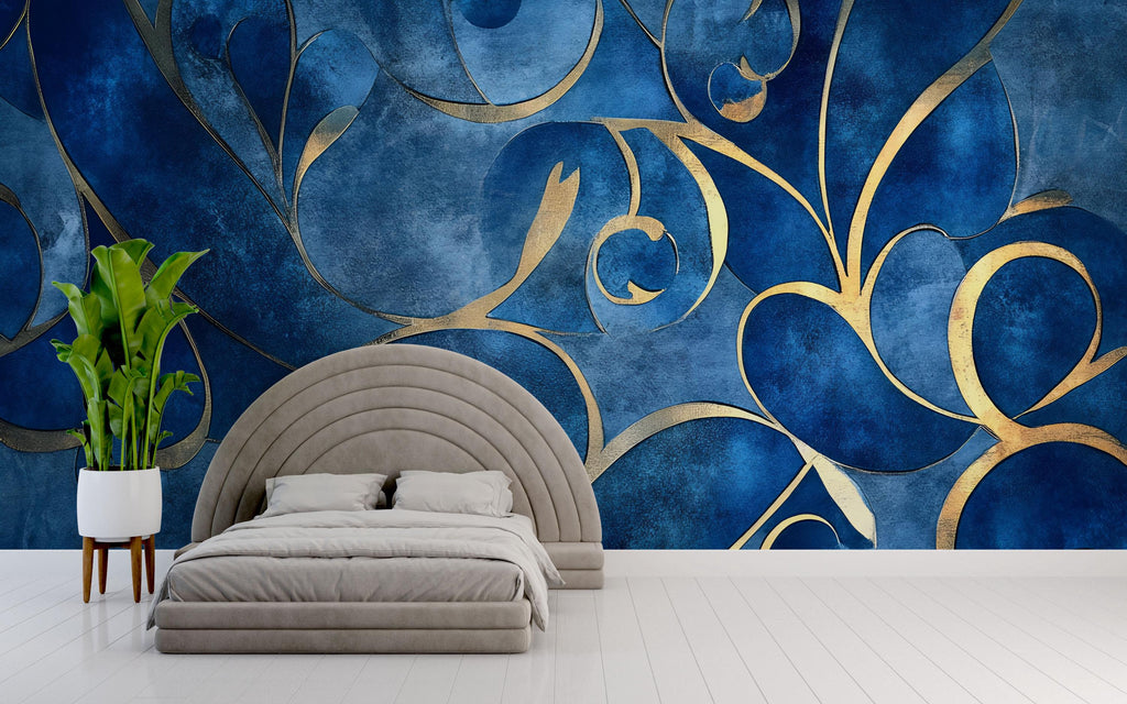 Blue And Gold Abstract Wallpaper, Luxury Textured 3D Mural For Bedroom Or Living Room, Modern Elegant Wall Decor, Stylish