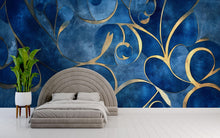 Load image into Gallery viewer, Blue And Gold Abstract Wallpaper, Luxury Textured 3D Mural For Bedroom Or Living Room, Modern Elegant Wall Decor, Stylish