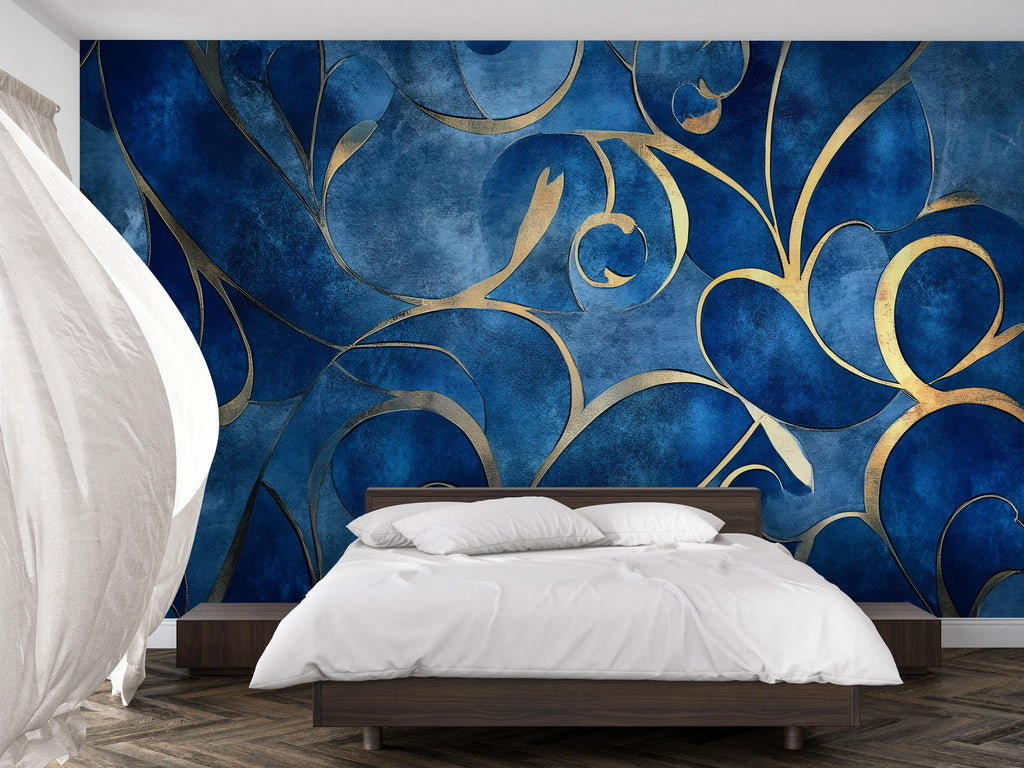 Blue And Gold Abstract Wallpaper, Luxury Textured 3D Mural For Bedroom Or Living Room, Modern Elegant Wall Decor, Stylish
