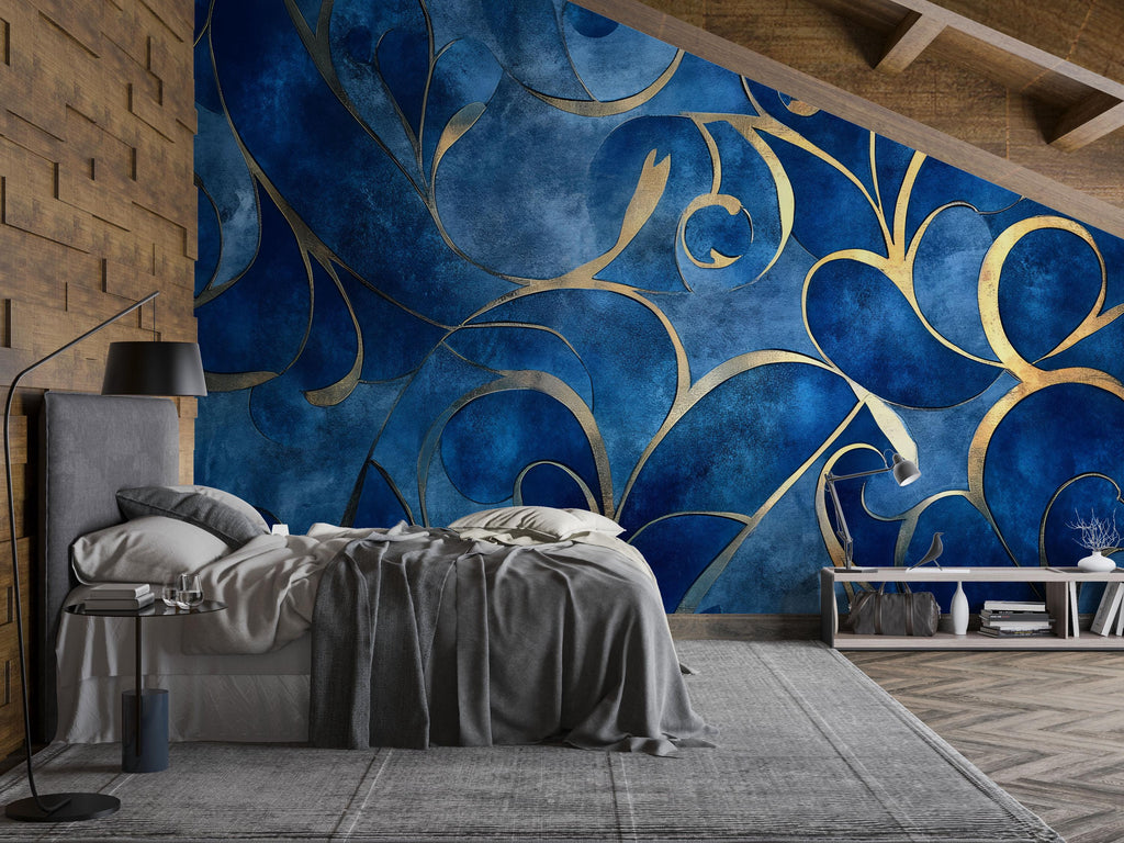 Blue And Gold Abstract Wallpaper, Luxury Textured 3D Mural For Bedroom Or Living Room, Modern Elegant Wall Decor, Stylish