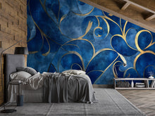 Load image into Gallery viewer, Blue And Gold Abstract Wallpaper, Luxury Textured 3D Mural For Bedroom Or Living Room, Modern Elegant Wall Decor, Stylish